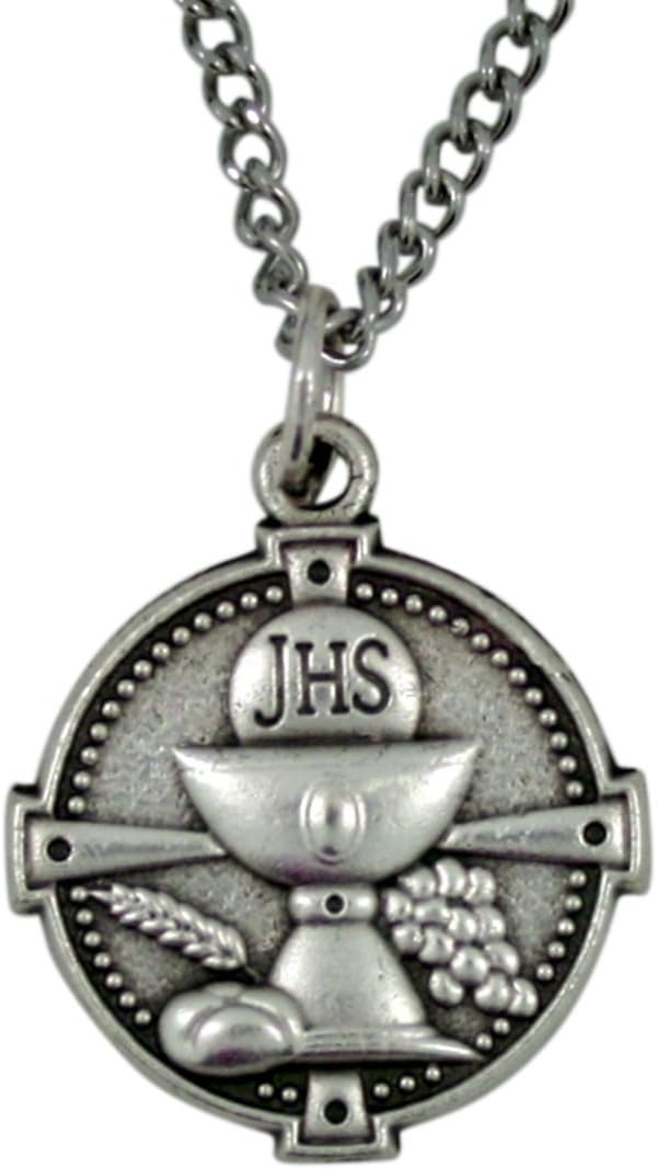 First Communion Pendant Necklace with Silver Tone Round IHS Chalice Medal, 3/4 Inch