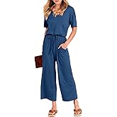 ANRABESS Women Summer Casual Short Sleeve V Neck Elastic Waist Wide Leg Cropped Pants Jumpsuits Rompers with Pockets