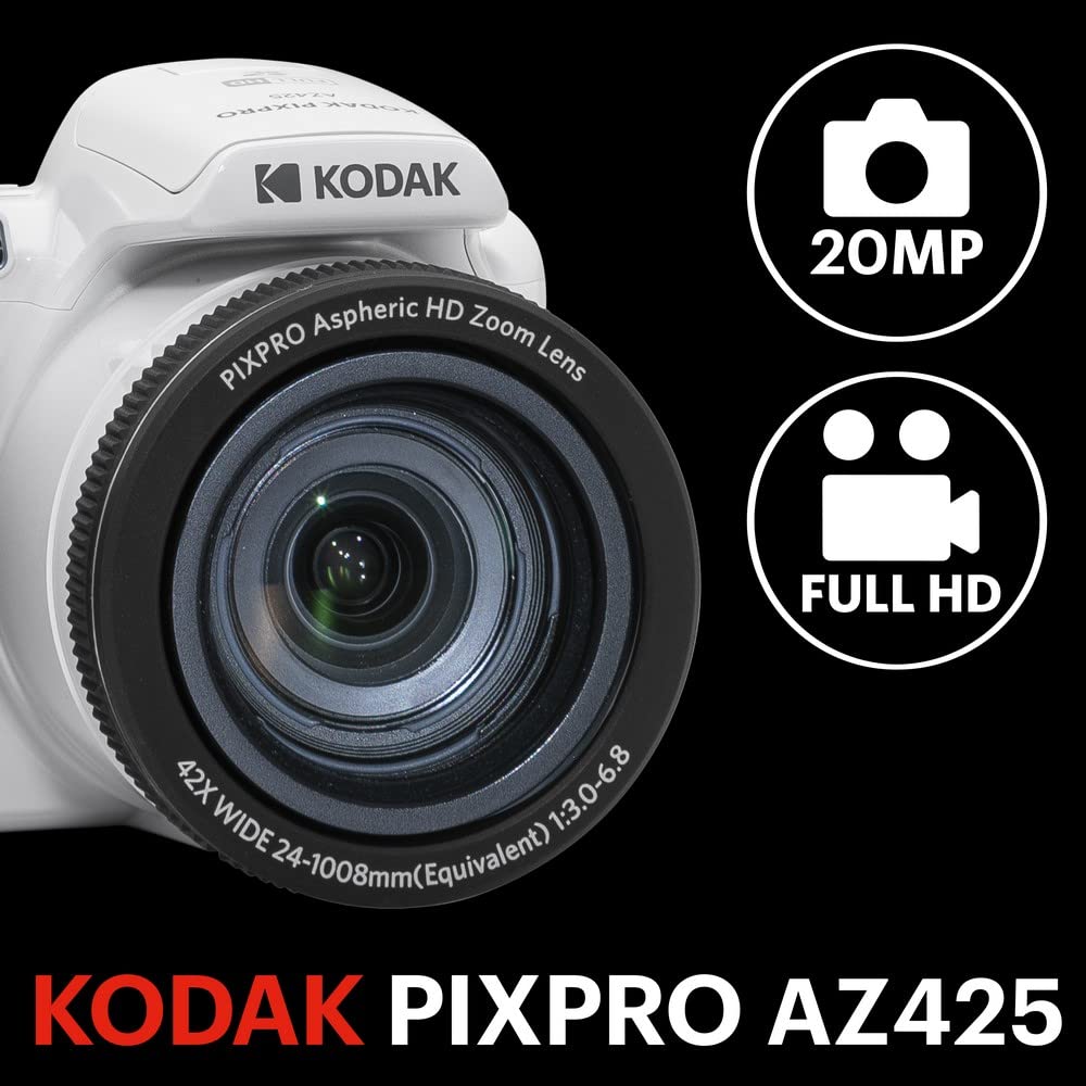 KODAK PIXPRO AZ425-WH 20MP Digital Camera 42X Optical Zoom 24mm Wide Angle Lens 1080P Full HD Video Optical Image Stabilization Li-Ion Battery 3