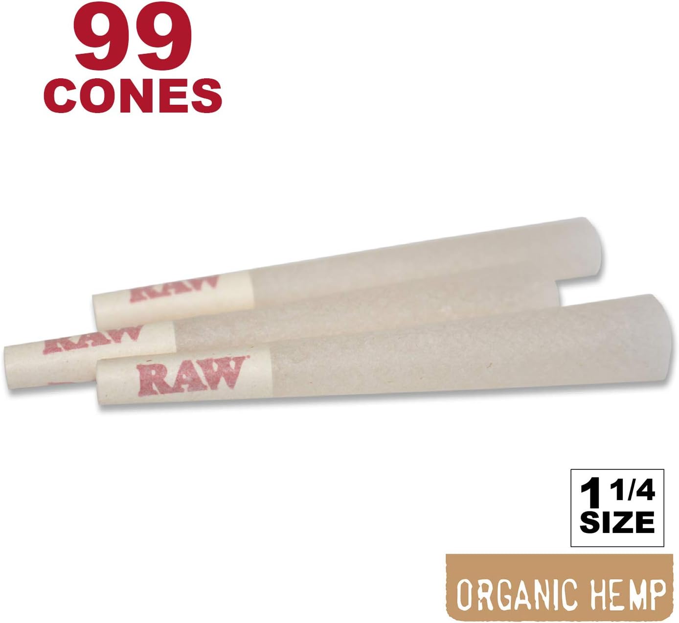 RAW 99 Organic 1 1/4 Cones - Sturdy W Gallery Box - Pure Hemp 1.25 84mm Pre-Rolled Cones - 26mm Filter Tips - Natural Unbleached Unrefined Rolling Papers - 96 + Bonus Pack