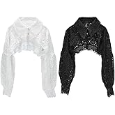 PLIGREAT 2 Colors Fake Collar Detachable Dickey Blouse Elegant Lace Half Shirt Blouse Long Lantern Sleeve False Collar Crop Top for Women Ladies Dresses, Black and White