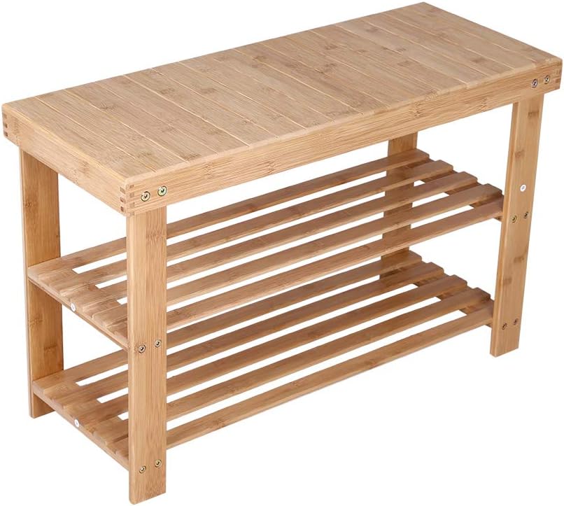 KKTONER Bamboo Shoe Rack Bench 3 Tier Entryway Seat Shoe Organizer Storage Shelf Natural Color: Kitchen & Dining