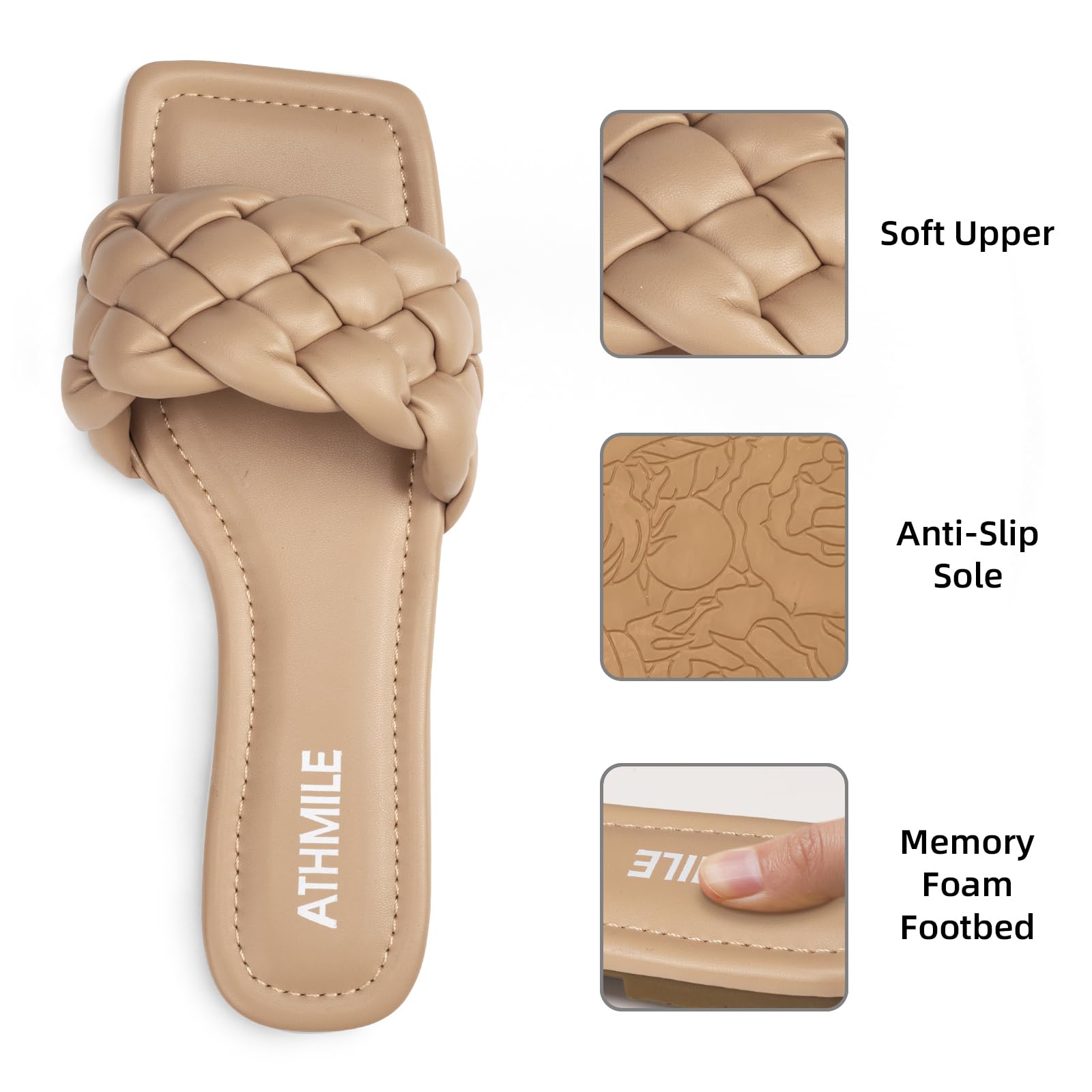 ATHMILE Braided Womens Sandals Square Open Toe Fashion Slide Sandals Women Dressy Summer Flat Beach 2025 Size 6-11