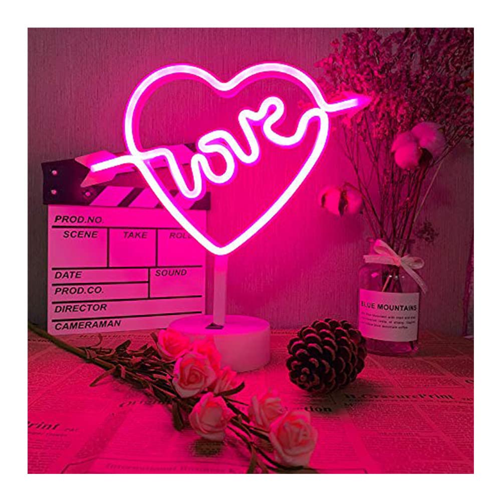 ENUOLI Love Neon Light Signs Night Light with Pedestal Cupid Heart Neon Light Room Decor Battery & USB Powered Pink Signs Neon Lamps Pink Light up Bedroom Living Room Wedding Party Christmas