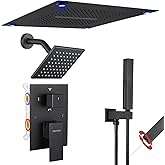 VANFOXLE Shower Faucet Set Matte Black Four Modes Shower System,Shower Faucet with 2 in 1 Handheld,Ceiling Mount 16 Inch LED Shower Head(Rain and Waterfall)+6 Inch Shower Head