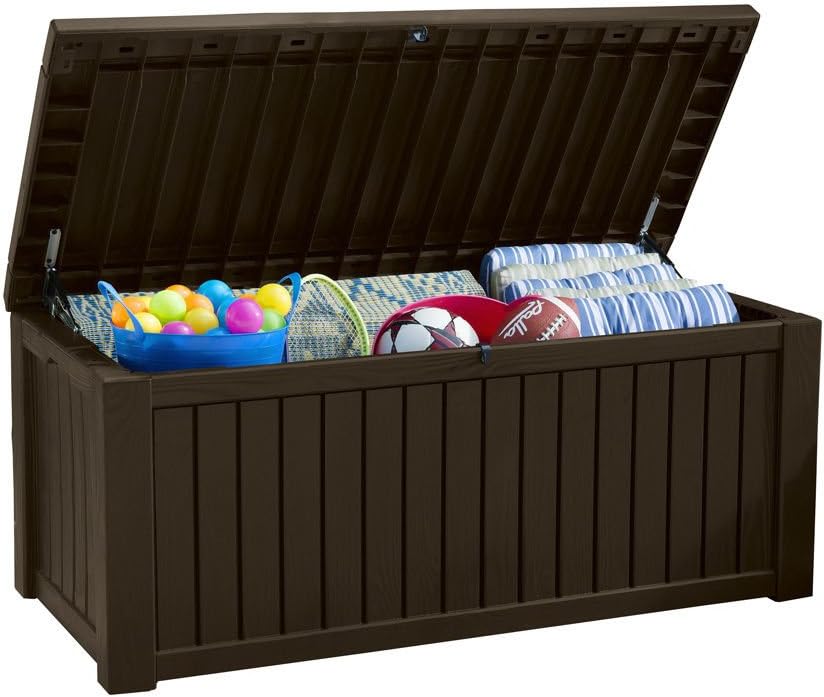 Koll Living Auflagenbox / Kissenbox Koll Living 570 Liter l 100% Wasserdicht l mit Belüftung dadurch kein übler Geruch / Schimmel l Moderne Holzoptik l Deckel belastbar bis 250 KG ( 2 Personen ) (Braun)