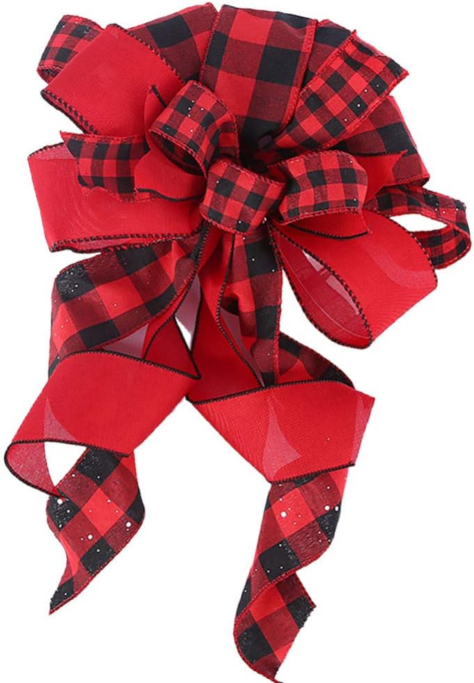 Bows & Ribbons - Favomoto Christmas Tree Topper Bows Burlap Bows for Wreath Xmas Treetop Buffalo Plaid Red Bows Decorative Bows for Christmas Decoration Party