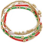 Bohxantium 14K Gold Plated Beaded Bracelets Stack for Women 4PCS Non-Tarnish Red Green White Boho Stackable Stretch Colorful Seed Beads Ball Bracelet Adjustable Dainty Trendy Jewelry Gift Set