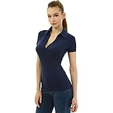AmélieBoutik Women Collared V Neck Short Sleeve Polo Shirt