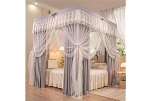 Elegant 4-Poster Bed Canopy Set with Iron Frame, Princess Canopy Bed Curtains with Mosquito Netting, Double Drape Netting Bed