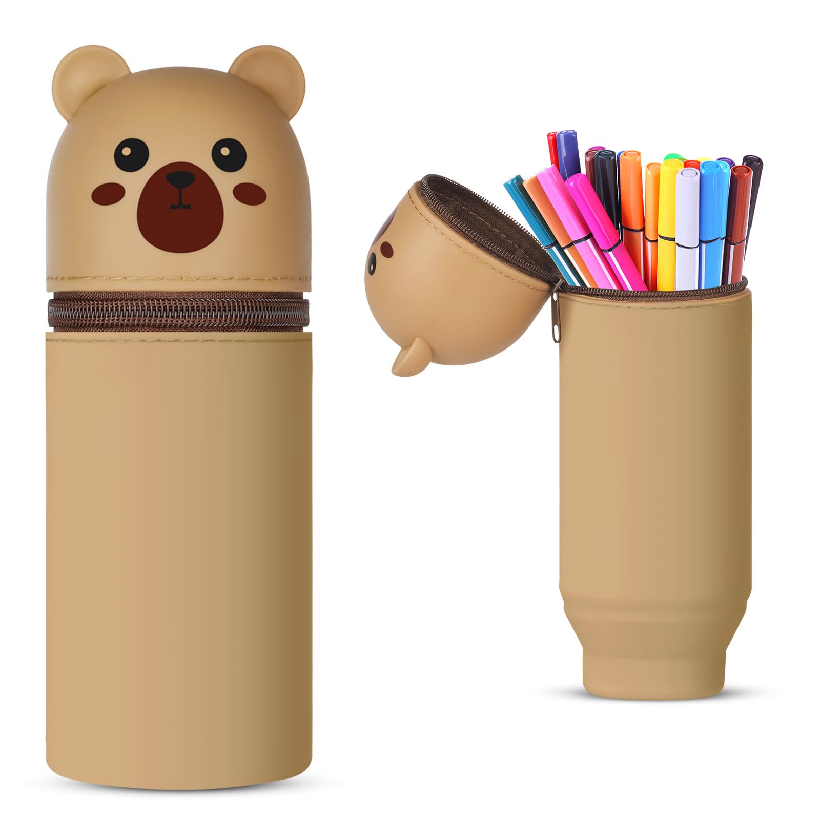 Vicloon Pencil Case, Bear Pencil Case in Soft Silicone, 2 in 1 Silicone Pouches Big Capacity Pencil Case and Desk Pen Holder, Retractable Capacity, Zipper Closure (Brown)