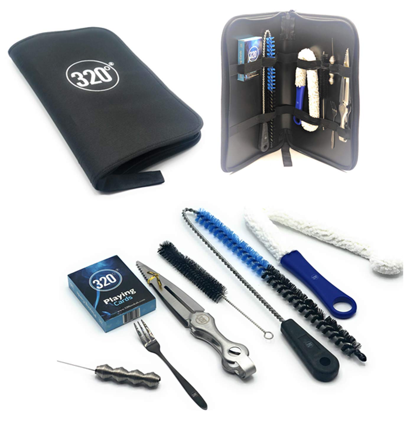 320º Hookah Cleaning Kit – Portable Shisha Travel Accessories Set with Brushes, Tongs, Poker, Fork, and Playing Cards – Ideal Hookah Cleaner & Travel Case