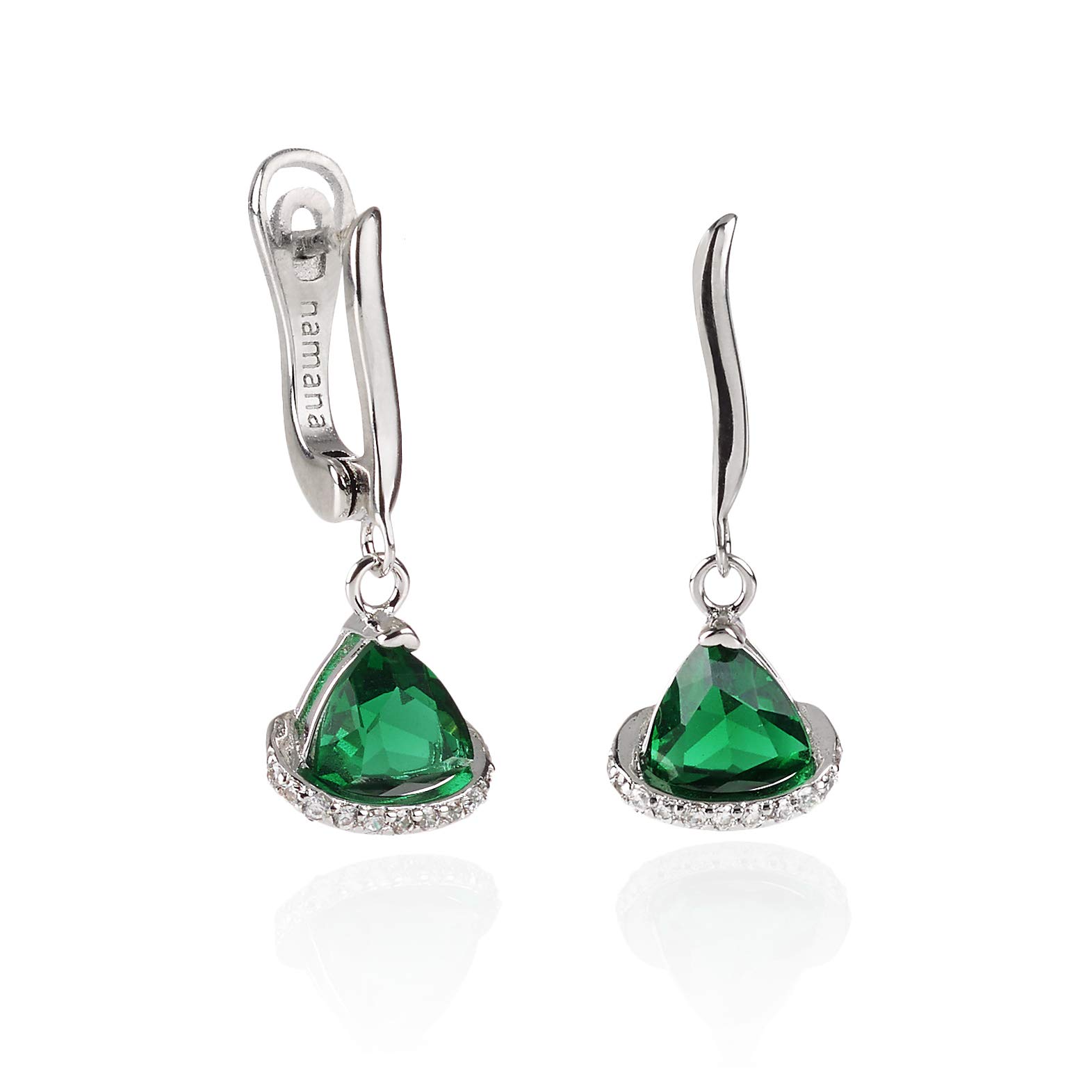 Namana Triangle Green Drop Earrings for Women. Silver Dangle Earrings with Green Stones. Coloured Gemstone Earrings for Women with Gift Box.