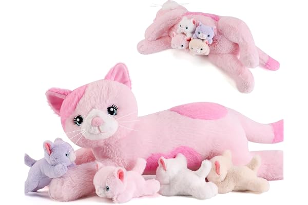 gnomantic Cat Stuffed Animals with Babies Inside, Mommy Toy for Kids | 5-Piece set: 1 mommy cat + 4 baby kittens inside. Unzi