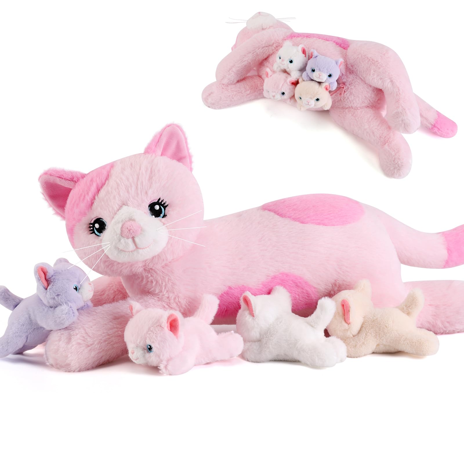 gnomantic 5 Pieces Cat Stuffed Animals with Babies Inside Belly - 1 Mommy Stuffed Cat with 4 Kittens - Stuffed Kitty Plush Toys for Kid Age 3-8, Gift Ideal for Christmas, Valentine's, Birthday (Pink) Image