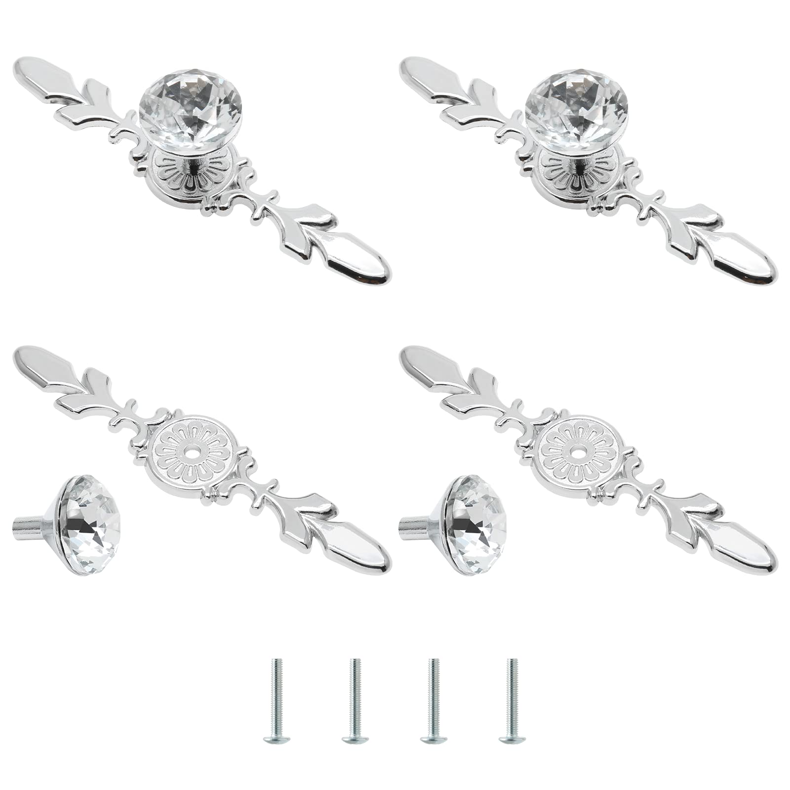 Cjueiom 4 Pack Crystal Cupboard Door Handles 170mm Diamond Drawer Knobs Plate, Wardrobe Glass Decorative Cabinet Knobs, Pull Kitchen for Chest of Drawers, Silver, 6.69 inch