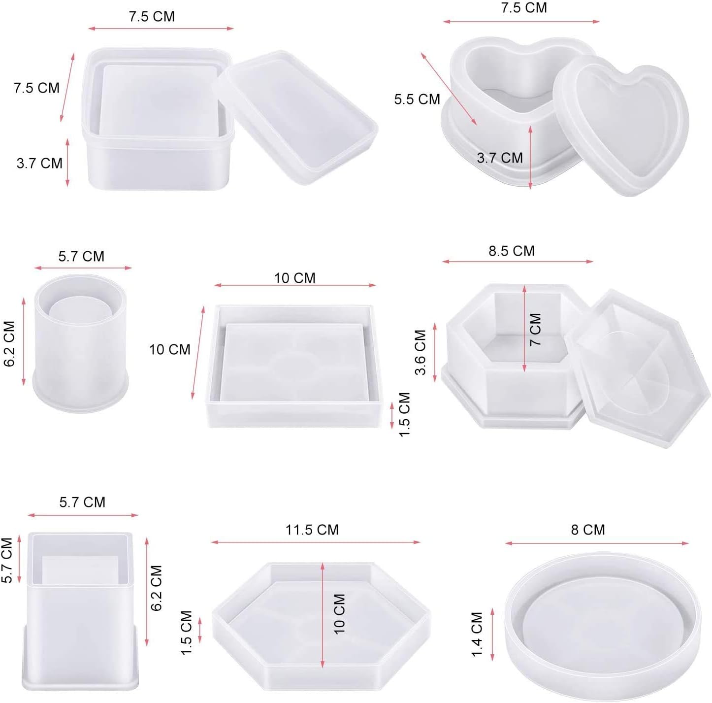 InFreesh 10PCS Resin Moulds Silicone, Epoxy Resin Moulds Include Hexagonal, Square, Heart-Shaped Craft Box Moulds - Image 3