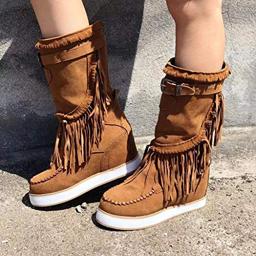 Women's Flat Bottom Midi Calf Boots Retro Fringe Increased Lace Up Boots Ethnic Vintage Comfy Leather Outdoor Shoes Brown