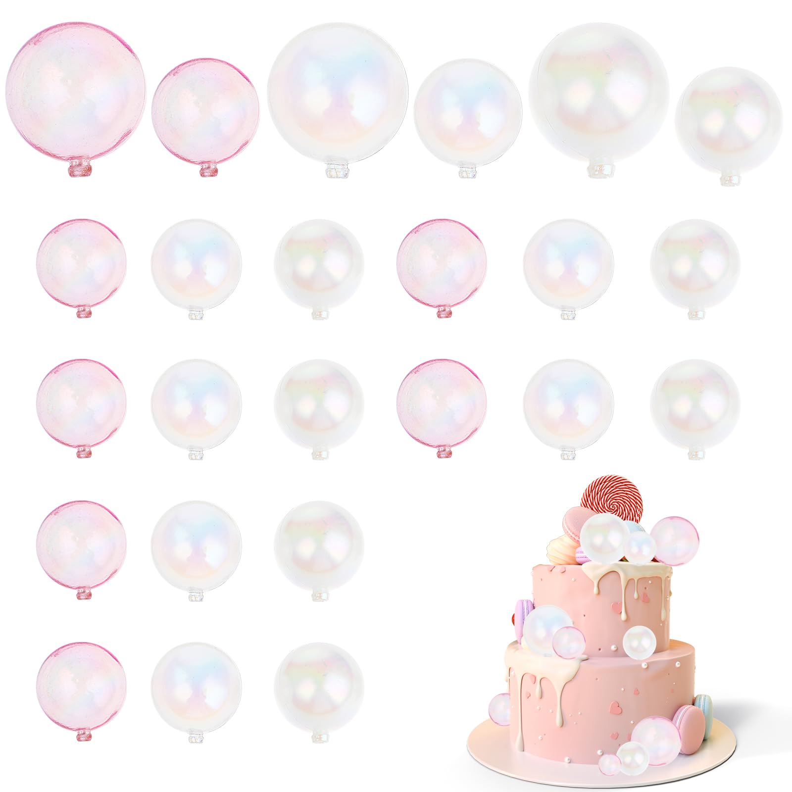 Photo 1 of 24 Pcs Colorful Bubble Decorations Ball Cake Topper Balloon Cake Topper Bubble Bubble Balls Cupcake Insert Topper Set DIY Decoration for Wedding Anniversary Baby Shower Birthday Party(ClearPinkWhite)