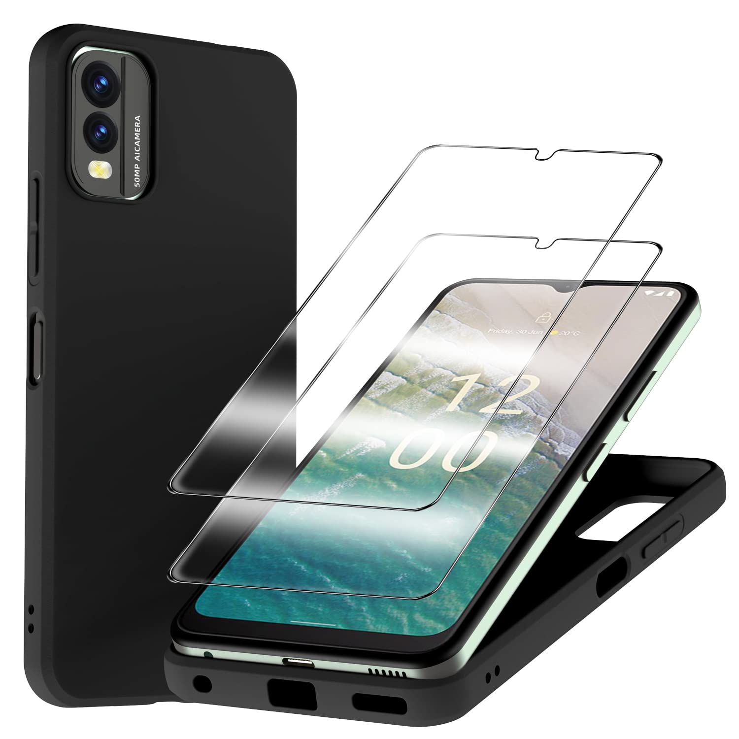 TTSWJBD for Nokia C32 Case with 2 Pack Tempered Glass Screen Protector Silicone Shockproof Phone Case with [Soft Anti-Scratch ] Protective Cover for Nokia C32 6.5”(Black)