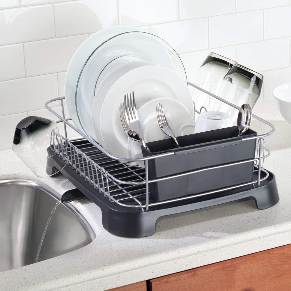 mDesign Large Kitchen Countertop, Sink Dish Drying Rack with Removable Cutlery Tray and Drainboard with Adjustable Swivel Spout - 3 Pieces, Silver Wire/Black Plastic Cutlery Caddy and Drainboard: Kitchen & Dining