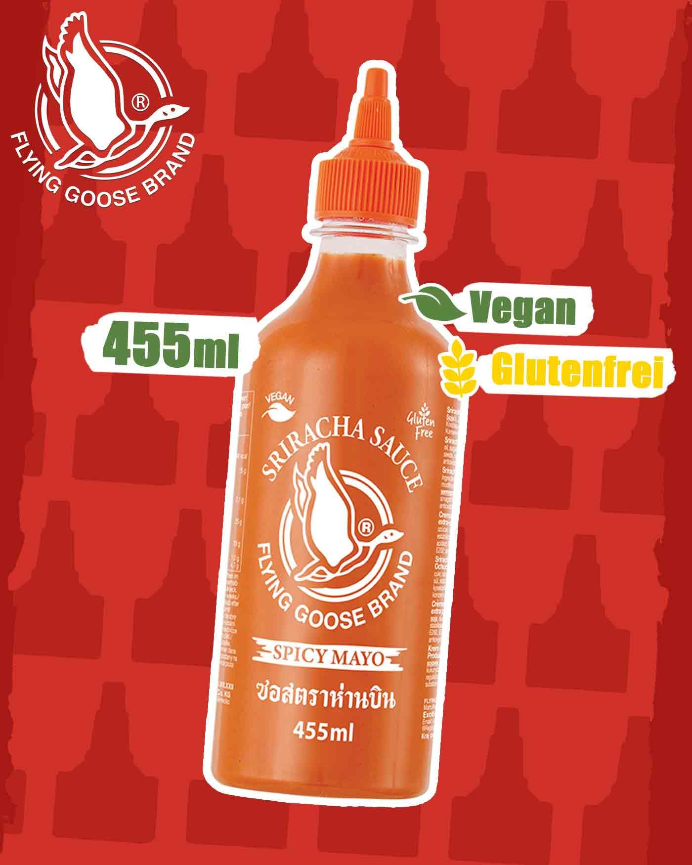 FLYING GOOSE Sriracha Spicy Mayoo Sauce, extra scharfe Mayonnaise, sehr scharf, orange Kappe, Würzsauce aus Thailand, vegan, glutenfrei, 1 x 455 ml 2
