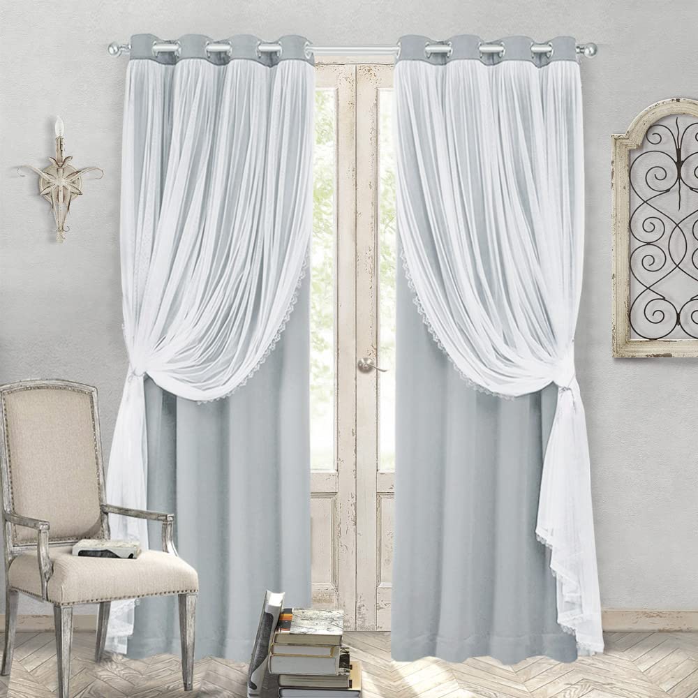 SOFJAGETQ Blackout Curtains with Sheer - Sheer Linen Drapes with Grommet Window Treatment Decorations for Bedroom Living Room Nursery, 52 x 63 in, Light Grey, 2 Panels Image