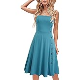 Women's Casual Summer Beach Flattering Flowy A-Line Spaghetti Straps Solid Cotton Button Down Midi Sundress