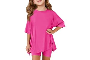 Haloumoning Girls Summer Lounge Set Oversized 2 Piece Clothing Sets | Side Split ,summer outfits for girls,short set,2 Piece Outfits, Shirts and Biker Shorts