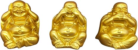 Amazon Com 2 7 Golden Buddha Figurine Hear See Speak No Evil Happy Face Laughing Buddha Statues Home Decoration Office Meditation Room Birthday Gift Resin Buddhas Set Of 3 Kitchen Dining