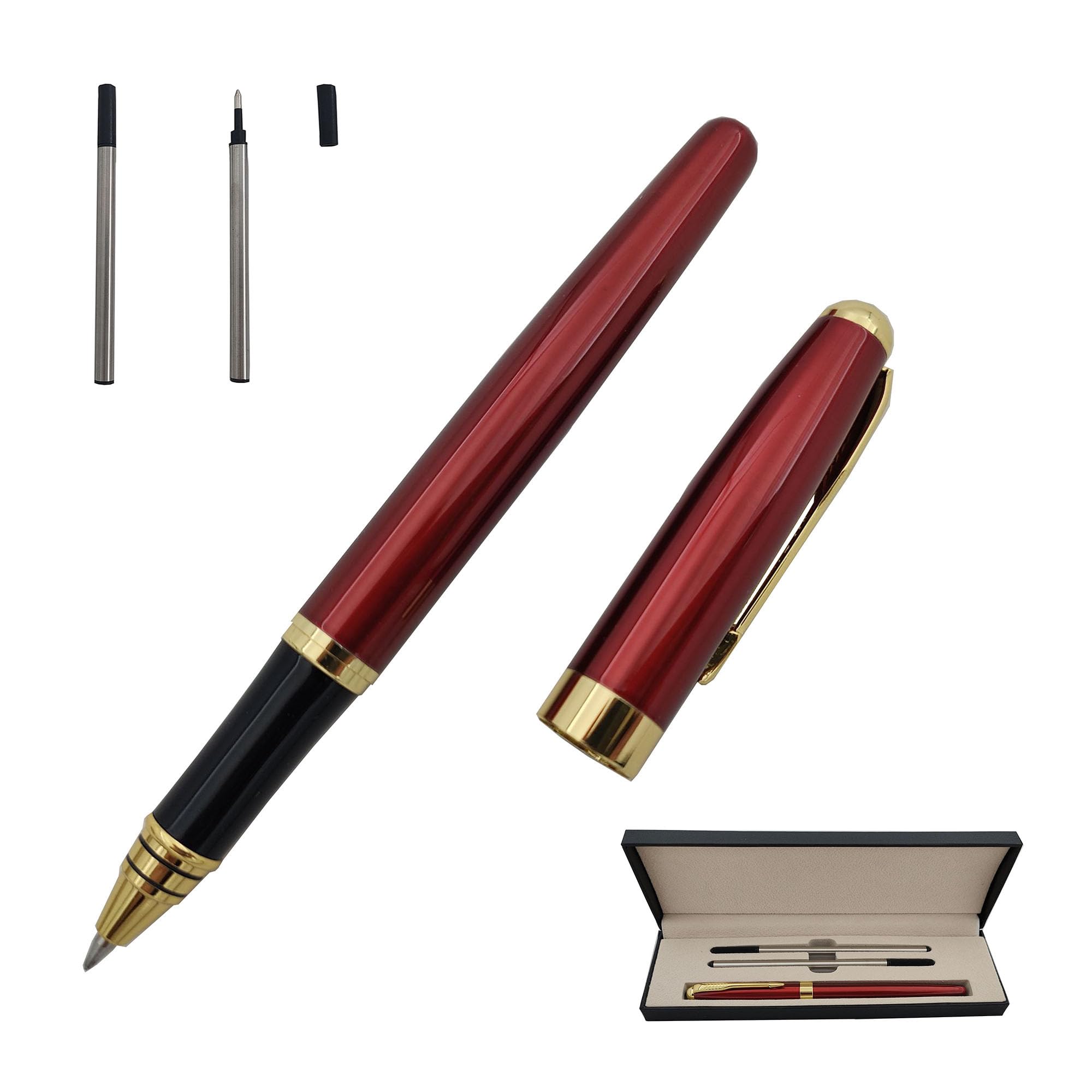 Accod Comfortable Grip Metal Rollerball Pen Office Ballpoint Pen Liquid Ink Rollerball Pen with Two 0.5mm Replacement Black Refills Nice for Friends and Family (Red)