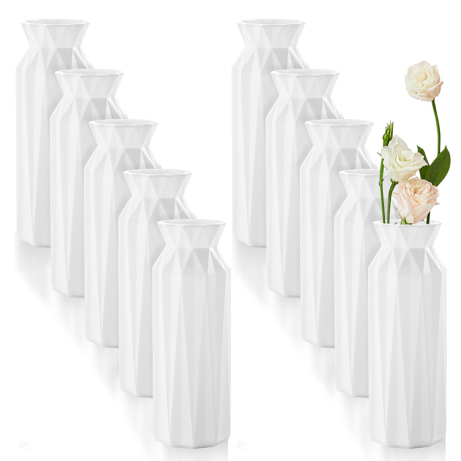 Photo 1 of 10 Pack Composite Plastic Flower Vase 8" Small Tall White Floral Vase Plastic Flower Vases for Centerpieces Unbreakable Vases for Wedding Dinner Table Party Living Room Office Bedroom Decor