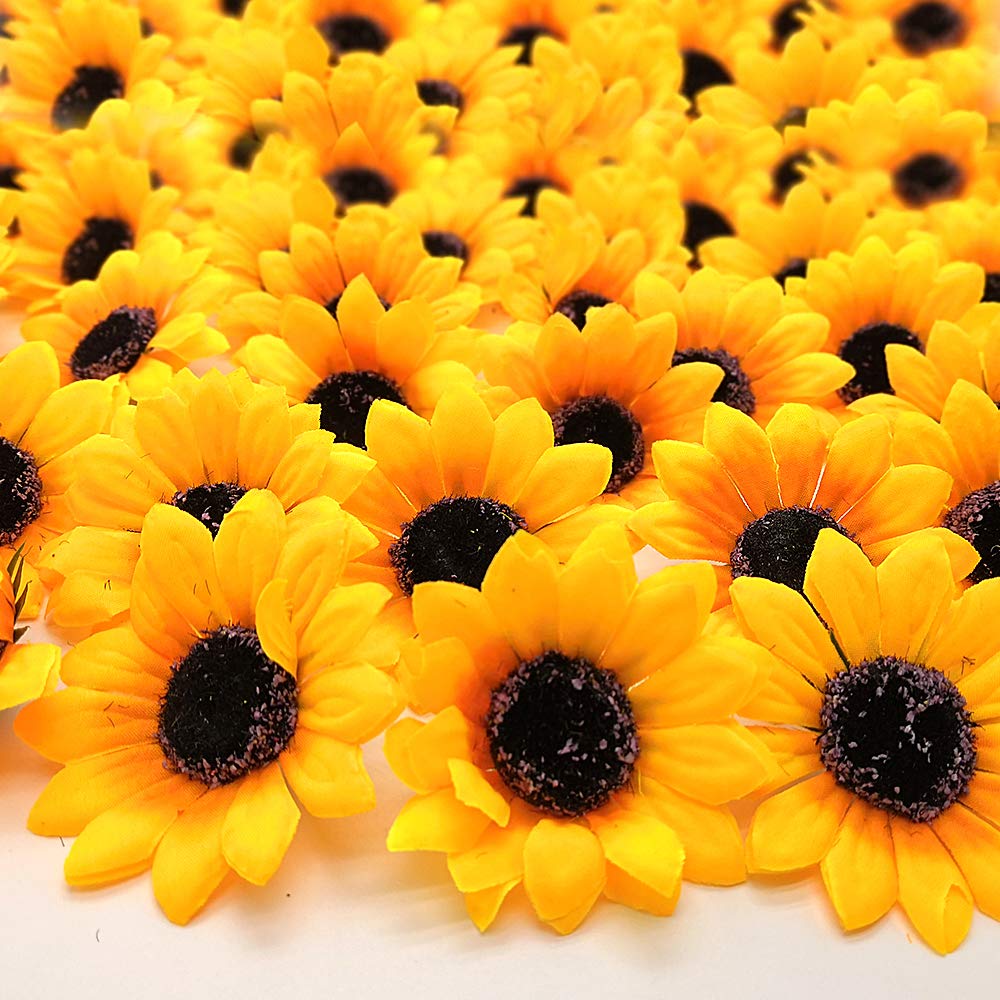 Grunyia 100pcs Artificial Sunflower Heads Silk Yellow 2.8 Inch Silk