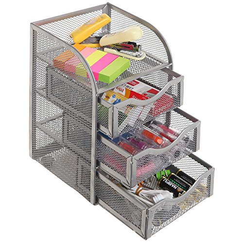 Silver Metal Wire Mesh 3 Slide-Out Drawers & 1 Top Shelf Desktop Office Supply Storage Organizer Rack