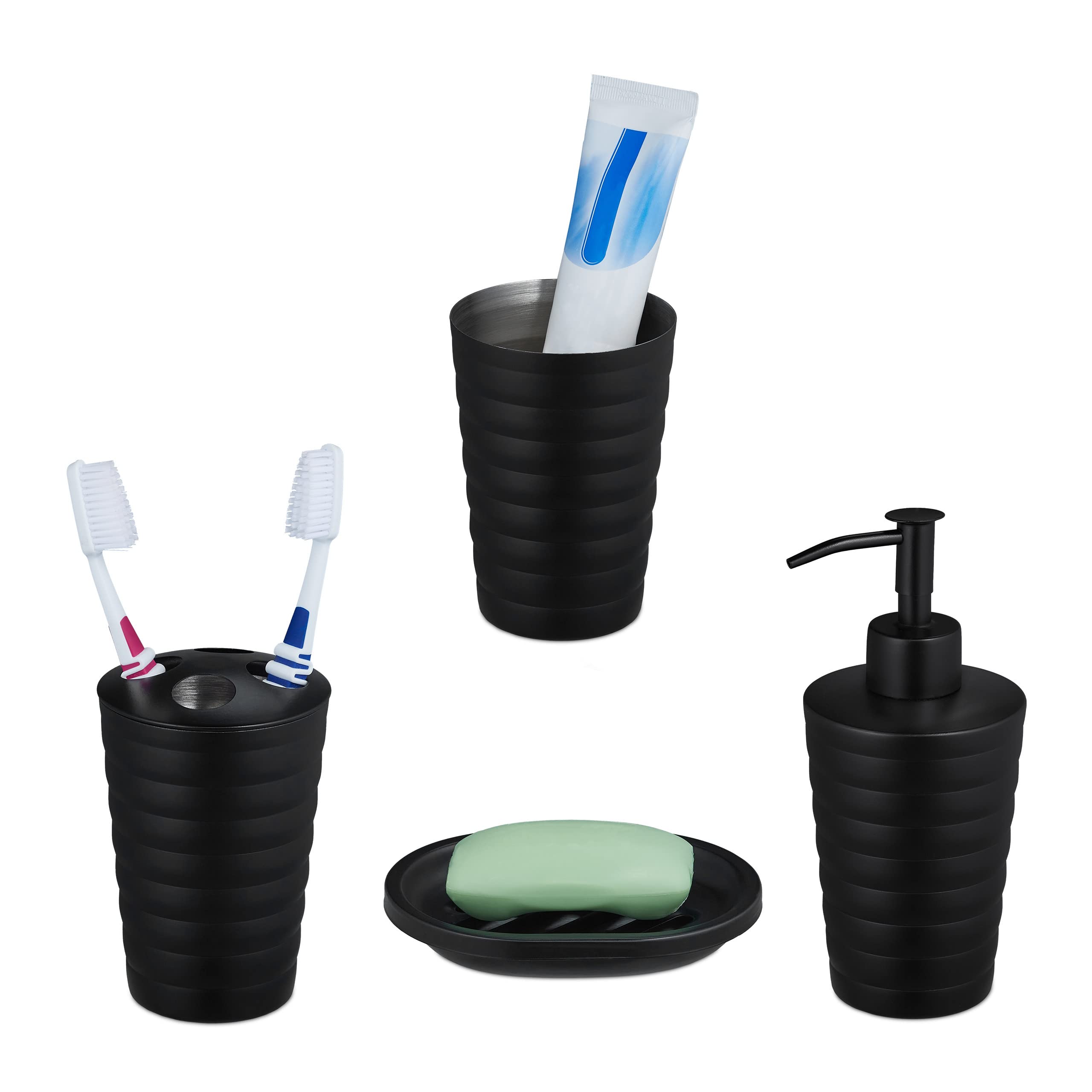 Relaxdays Modern Bathroom Accessory Set, 4-Piece, Stainless Steel, Matte Black - Soap Dispenser, Dish, Toothbrush Holder, Cup