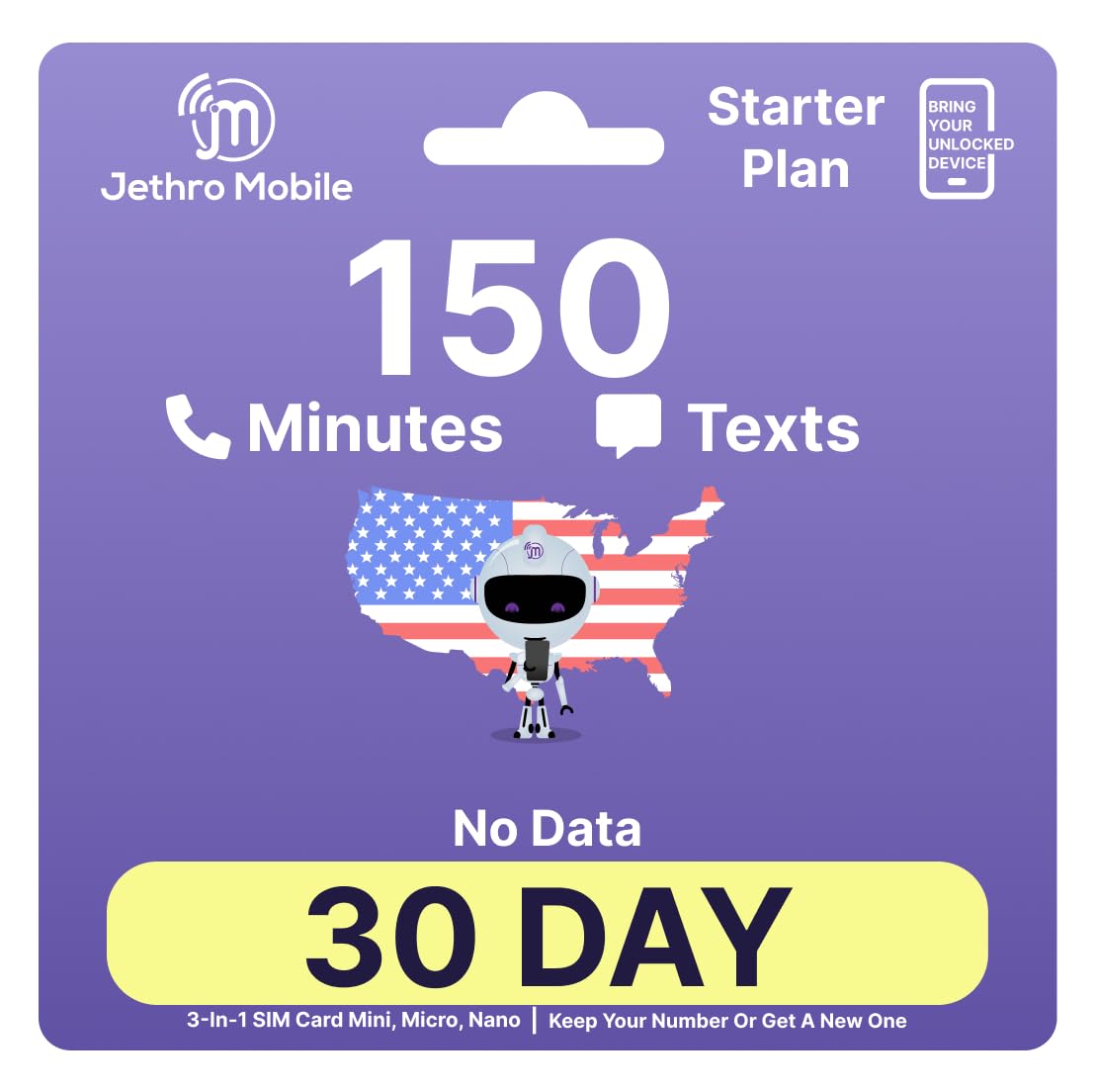 $5/Month Jethro Mobile Prepaid Phone Plan | 150 Minutes 150 Texts | Bring Your Own Phone SIM Card Kit