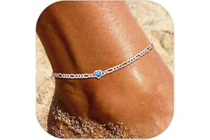 U7 SILVERCUTE Sterling Silver Anklets for Women, Large Heart/Round Birthstone Ankle Bracelet with Figaro Chain, Waterproof Summer Beach Foot Jewelry Length 8.5"-10.5"