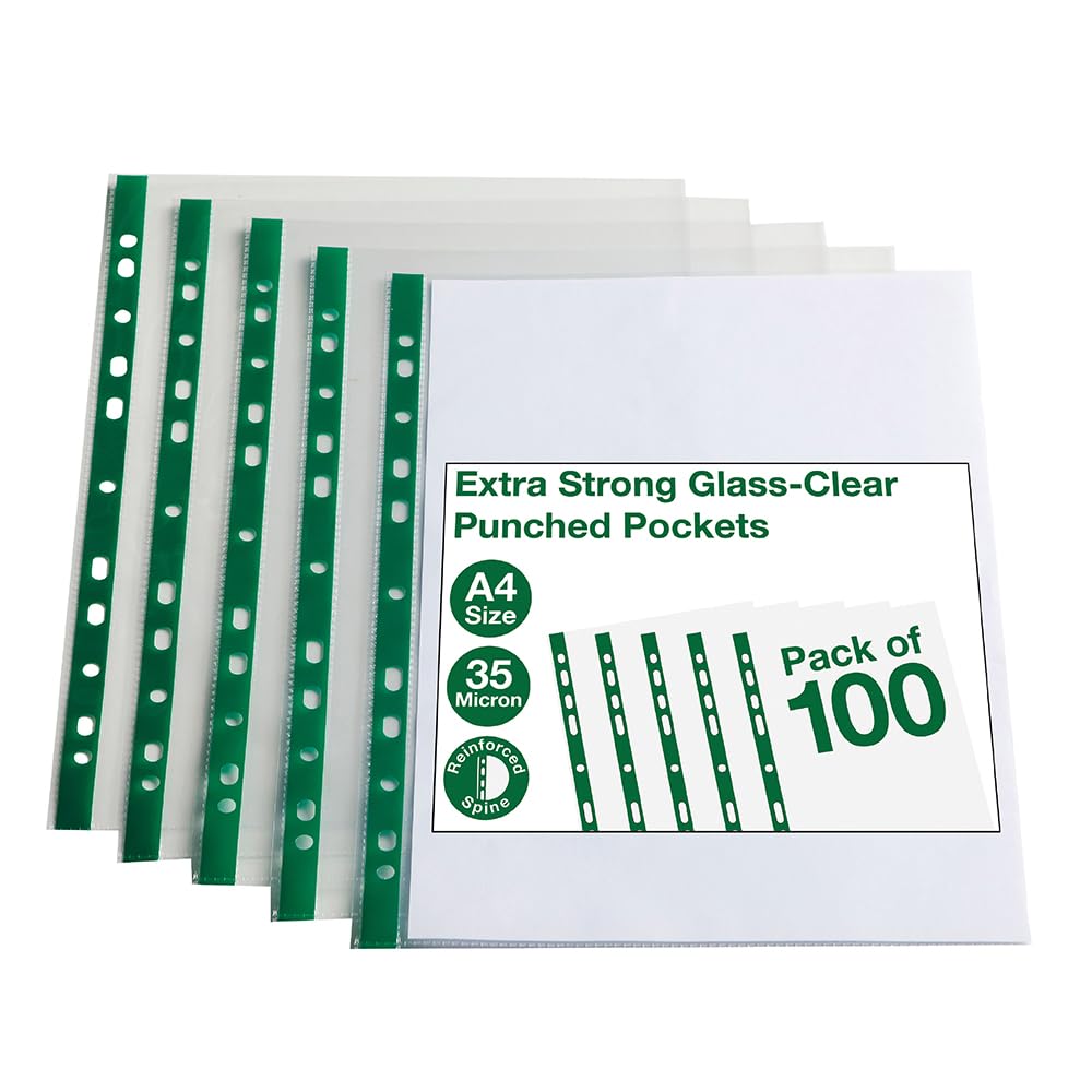 Summit A4 Glass Clear Punched Pockets – Pack of 100 – Premium Clear Plastic Sheet Protectors, Multi-Punched for Ring Binders & Lever Arch Files