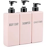 Segbeauty Refillable Shampoo and Conditioner Bottles, 3pcs 16.9oz Square Plastic Bathroom Soap Dispenser Set, 500ml Empty Shower Bottles Lotion Dispenser Press Pump Bottle for Modern Home Decor Pink