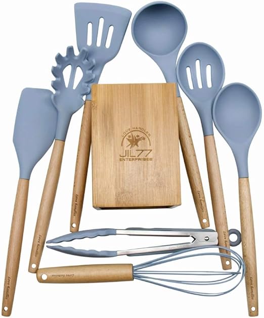 Amazon Com Jil77 Silicone Utensil Set With Bamboo Holder And 8