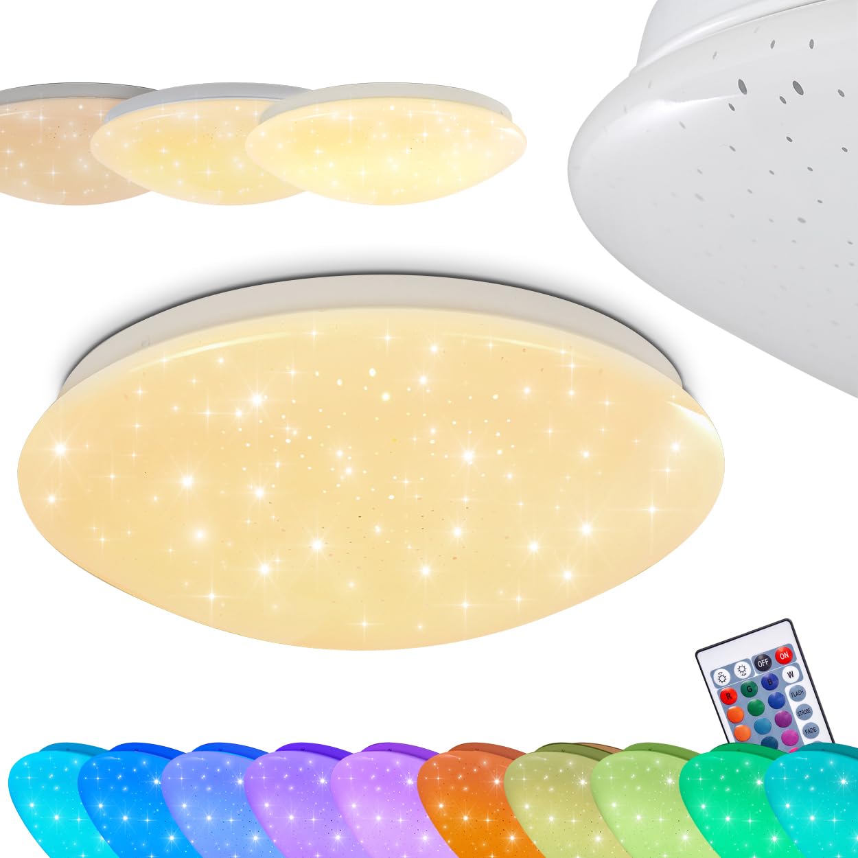 LED Ceiling Light Norton Star, Ceiling lamp Glitter Effect, RGB Remote Control, 15 Watt, 900 Lumen, 3000K, dimmable Bathroom lampstarry Sky Optics, IP44