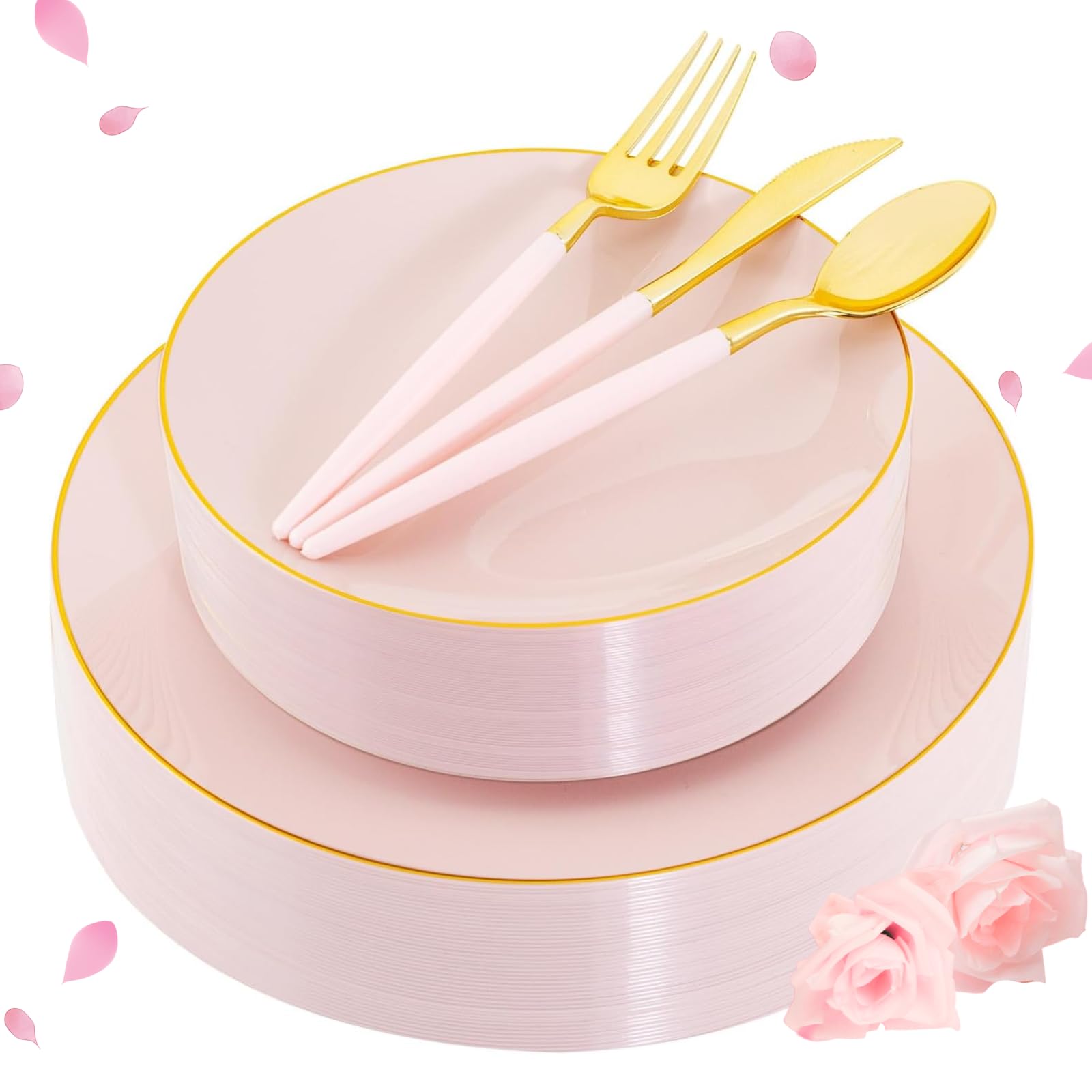Photo 1 of Liacere 150PCS Plastic Plates-Gold Plastic Silverware with Pink Handle - Pink Disposable Plates Include 30 Guests Plates, Forks, Spoons, Knives for Wedding ? Easter Day ?Mother's Day