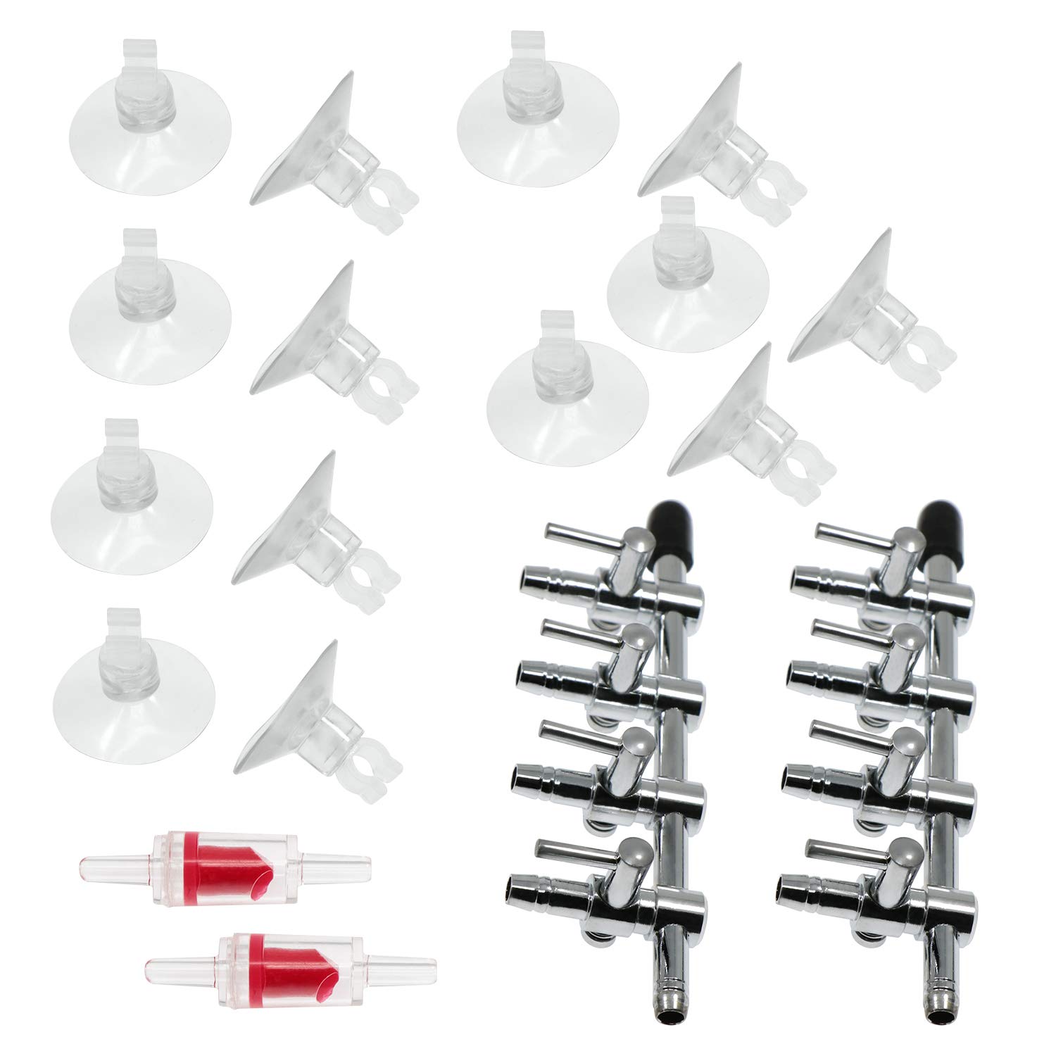 Waycreat 2pcs 4 Way Aquarium Air Flow Control Lever Valve Fish Tank Splitter, 2pcs Non-Return Check Valve, 12pcs Suction Cups