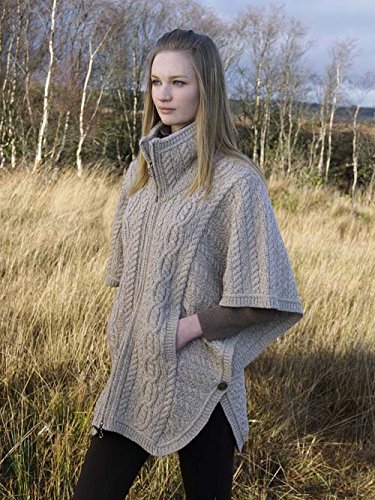 100% Merion Wool Aran Crafts Ladies Knit Double Collar Poncho, parsnip, Small/Medium