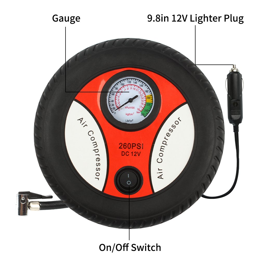 Hippih Air Compressor- 12V DC 260PSI Portable Electric Auto Air Compressor Pump and Car Tire Inflator（Mechanical Watch）