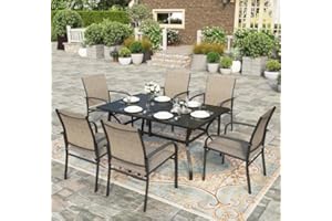 HERA'S HOUSE 7 Piece Outdoor Dining Set, 60" Rectangular Metal Table with 1.57"-2" Umbrella Hole, 6 Textilene Dining Chairs, Patio Table and Chairs Set for Garden Deck Porch Yard