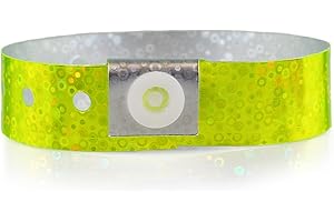 100 WristCo Yellow Holographic Plastic Wristbands for Events – Extended Wear, Glowing Color Prevents Reuse – Premium-Grade Bracelets for Hospital & Medical ID, Party & VIP Identification