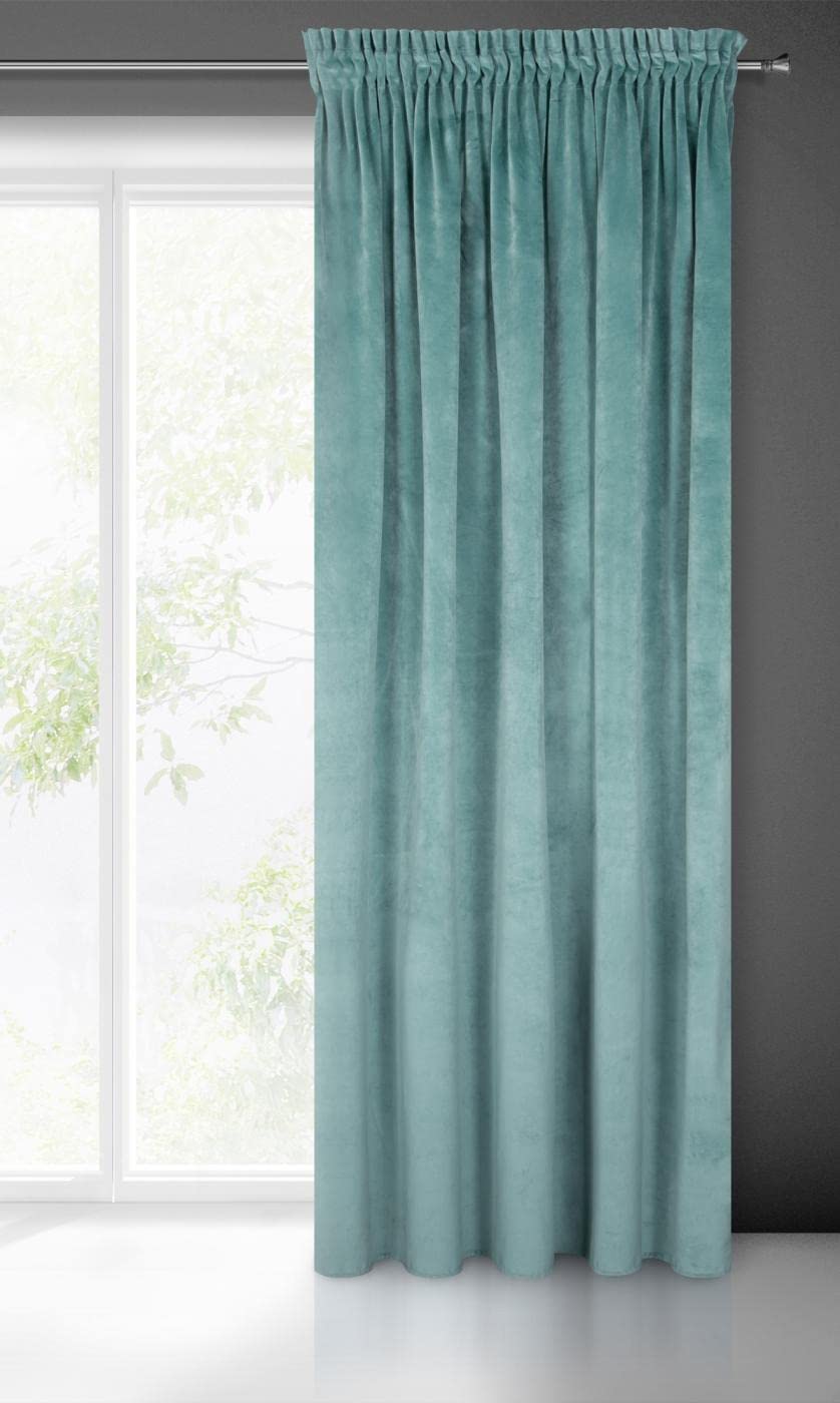 Eurofirany VILLA Soft Plain Opaque Velvet Curtain with Rufflette Tape For Rail - 1 Unit, Fluffy Panel Drape Classic Glamour Elegant Living Room, Bedroom, 290 g/m2, W55 x L106, Sea Green