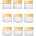 Healthcom 10 Pack 10 Grams/10 ML Empty Jars Round Frosted Glass Cosmetic Cream Jar Bottle with Wood Grain Lid Cosmetic Containers Refillable Glass Face Cream Box Pot for Makeup Lip Balms Eyeshadow