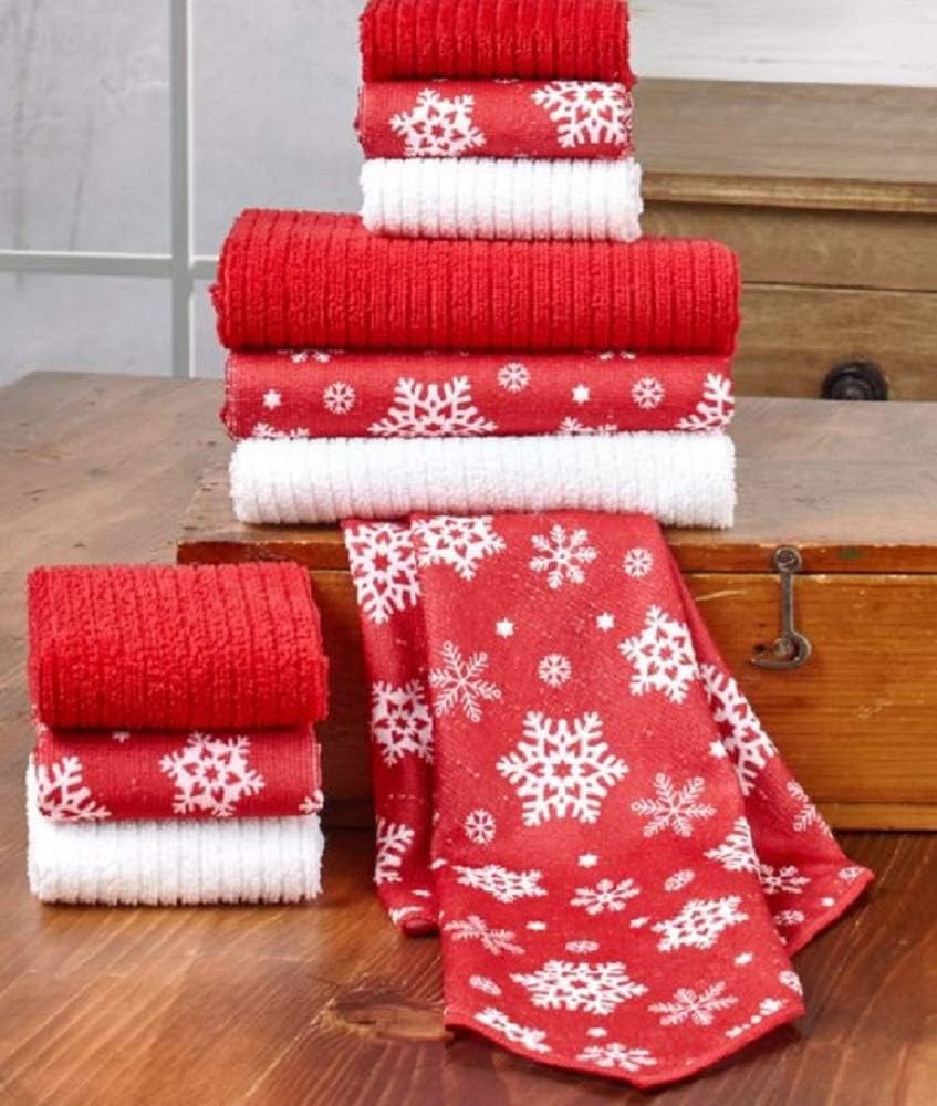 Early Holiday. 10 Piece Kitchen Towel and Dishcloth Set. Microfiber Winter and Christmas Theme-"Snowflakes"